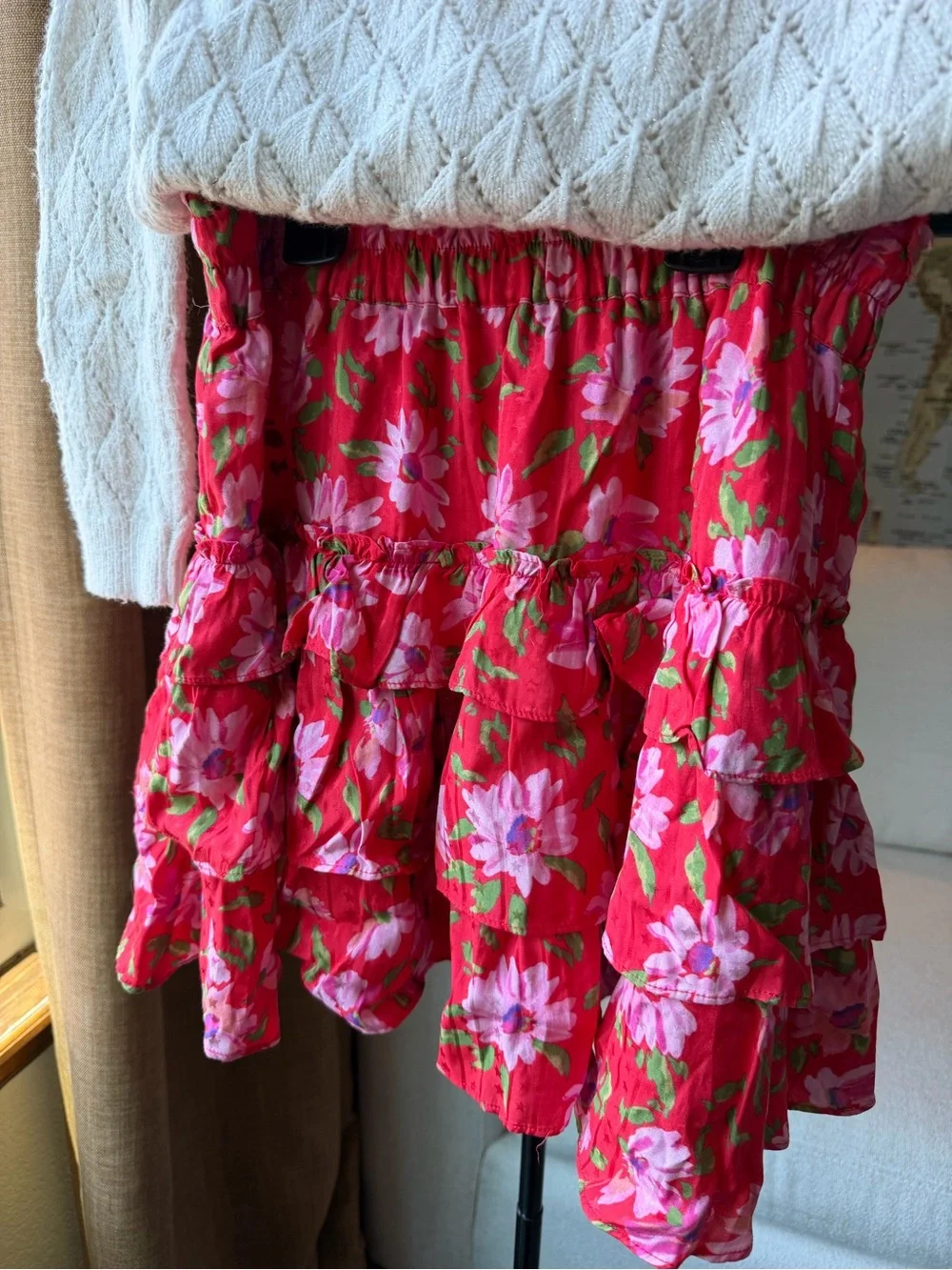 LoveShackFancy Mambo  Red Floral Tiered Mini- Skirt EUC